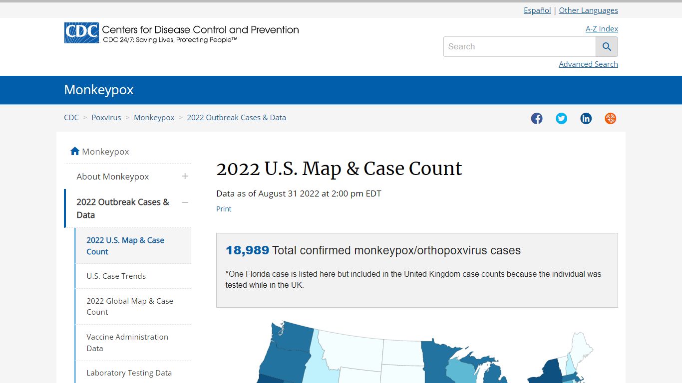 2022 U.S. Map & Case Count | Monkeypox | Poxvirus | CDC